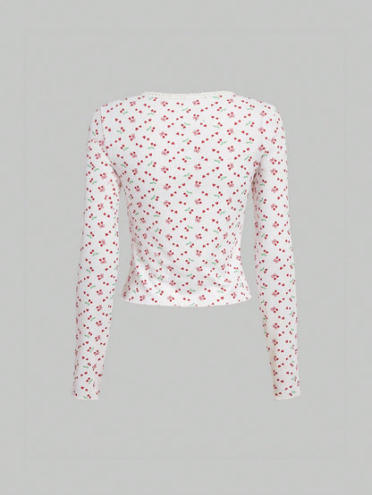 Sweetness Camiseta con estampado de cerezas y encaje en contraste