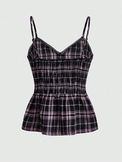 Sweetness Camiseta de tirantes con diseño arrugado y nudo en estampado de tartán