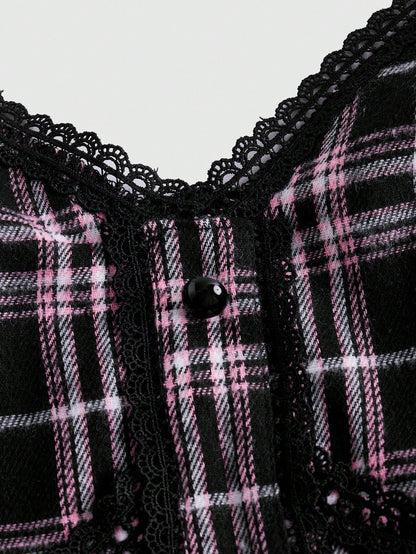 Sweetness Camiseta de tirantes con diseño arrugado y nudo en estampado de tartán