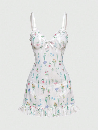 Sweetness Conjunto de camisón floral de verano con volantes en el bajo sexy para mujer