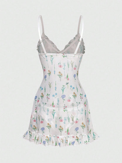 Sweetness Conjunto de camisón floral de verano con volantes en el bajo sexy para mujer