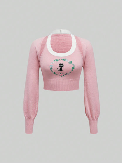 Sweetness Set de 2 piezas Chaleco de punto sin mangas con bordado de gato dulce para mujer