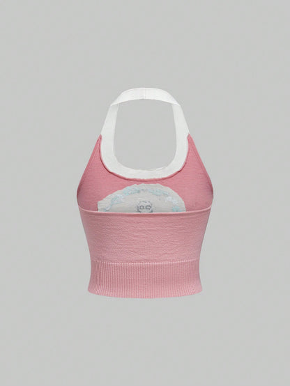 Sweetness Set de 2 piezas Chaleco de punto sin mangas con bordado de gato dulce para mujer