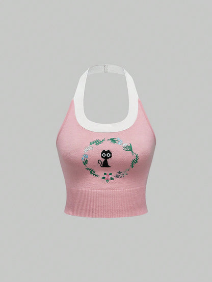 Sweetness Set de 2 piezas Chaleco de punto sin mangas con bordado de gato dulce para mujer