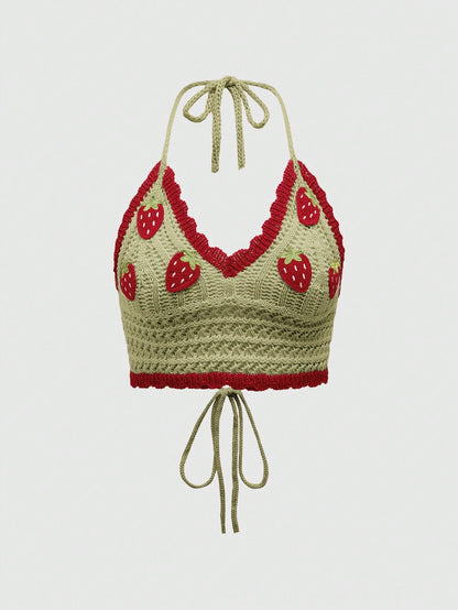 Sweetness Suéter crochet adorable con colgante al cuello con diseño de fresa, para la escuela