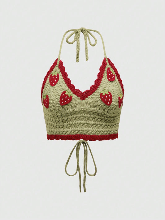Sweetness Suéter crochet adorable con colgante al cuello con diseño de fresa, para la escuela