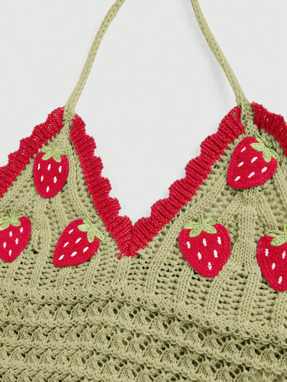 Sweetness Suéter crochet adorable con colgante al cuello con diseño de fresa, para la escuela