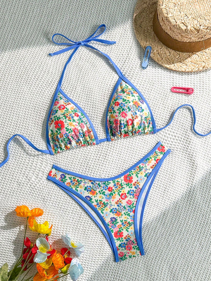 Sweetra Conjunto de bikini rosa con estampado floral diminuto para mujer