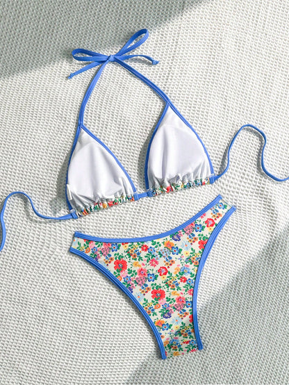 Sweetra Conjunto de bikini rosa con estampado floral diminuto para mujer