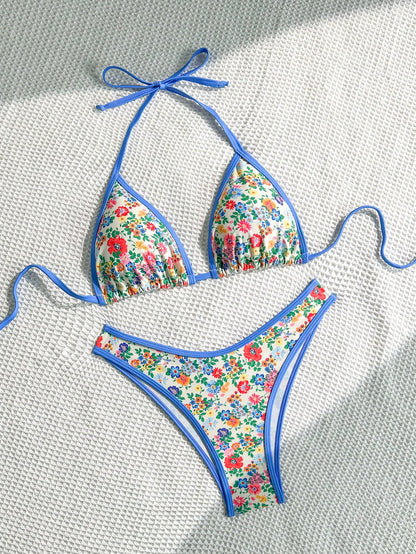 Sweetra Conjunto de bikini rosa con estampado floral diminuto para mujer