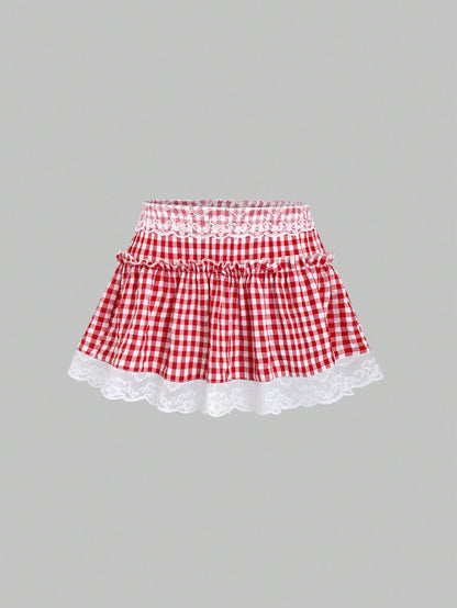 Sweetra Falda con volantes de encaje y contraste de cuadros escoceses para un atuendo de verano Y2K, ropa de Año Nuevo, minifalda corta para mujer