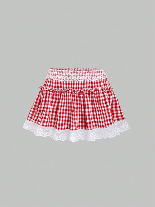 Sweetra Falda con volantes de encaje y contraste de cuadros escoceses para un atuendo de verano Y2K, ropa de Año Nuevo, minifalda corta para mujer