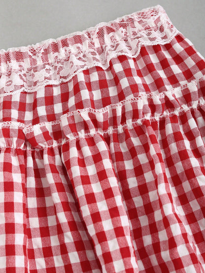 Sweetra Falda con volantes de encaje y contraste de cuadros escoceses para un atuendo de verano Y2K, ropa de Año Nuevo, minifalda corta para mujer