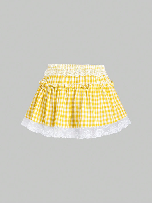 Sweetra Falda corta mini con volantes de encaje y contraste de cuadros escoceses para el verano y el Año Nuevo en estilo Y2K