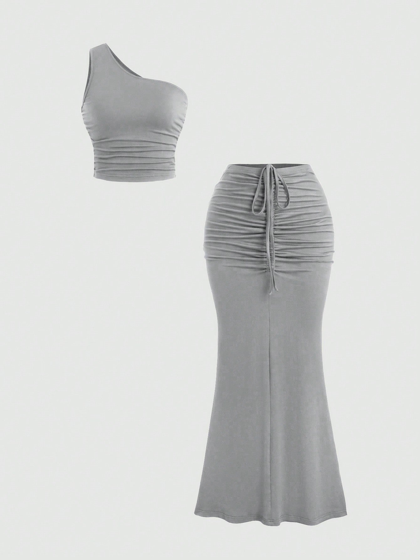 Sweetra Set de 2 piezas con top sin mangas de cuello asimétrico en unicolor y falda plisada con cordón, conjunto de estilo Y2K