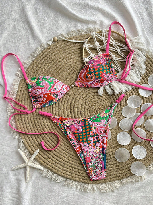 Swim Chiccia Conjuntos de bikini de dos piezas con corte alto, hebilla de perlas y estampado de paisley multicolor, para outfits de playa y resort de verano para mujeres