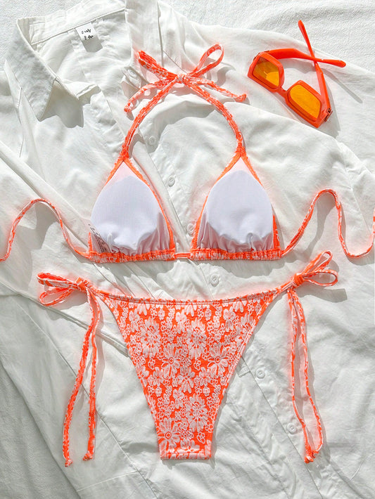 Swim Mod 2 piezas Conjunto de traje de baño de mujer con top de tirantes y espalda descubierta con detalle de atadura lateral, de tela jacquard, nuevo para el verano