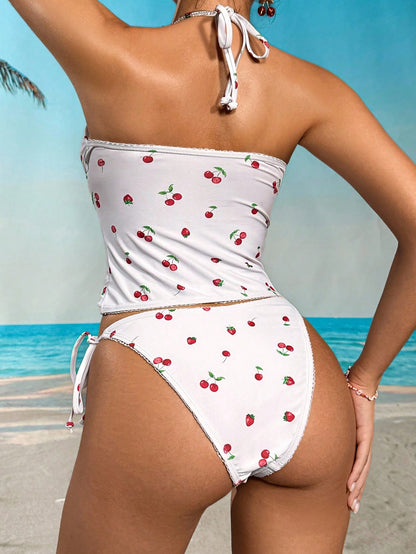 Swim Mod Conjunto de bikini a cuadros estilo halter con estampado de cereza dulce