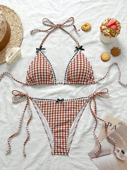 Swim Mod Conjunto de bikini con cuello de corbata estampado de guinga jacquard lindo y juvenil para mujer, verano