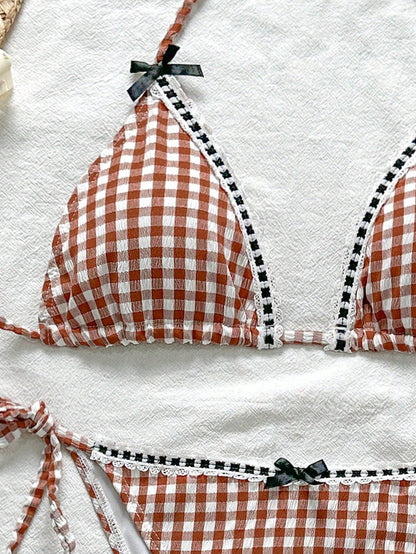 Swim Mod Conjunto de bikini con cuello de corbata estampado de guinga jacquard lindo y juvenil para mujer, verano