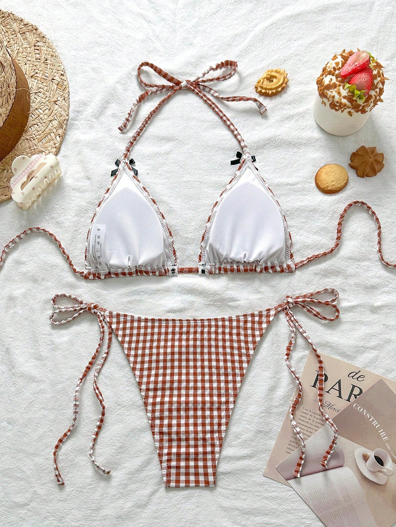Swim Mod Conjunto de bikini con cuello de corbata estampado de guinga jacquard lindo y juvenil para mujer, verano