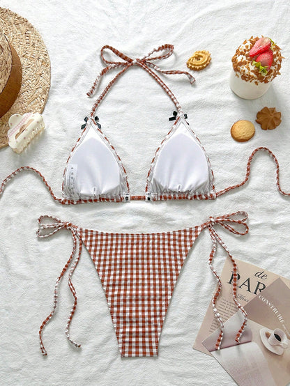 Swim Mod Conjunto de bikini con cuello de corbata estampado de guinga jacquard lindo y juvenil para mujer, verano