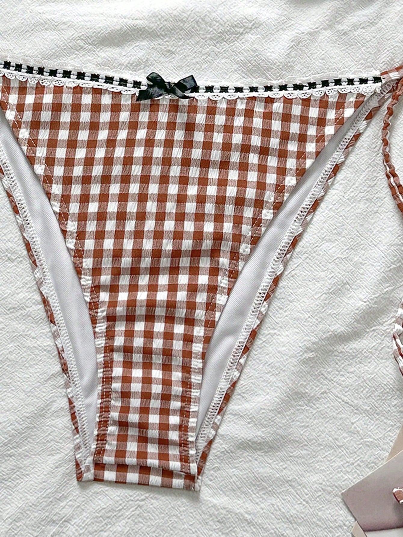 Swim Mod Conjunto de bikini con cuello de corbata estampado de guinga jacquard lindo y juvenil para mujer, verano