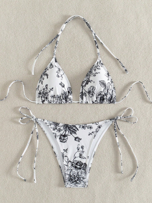 Swim Mod Conjunto de bikini de dos piezas con estampado floral y cuello halter para mujeres, apto para playa de verano