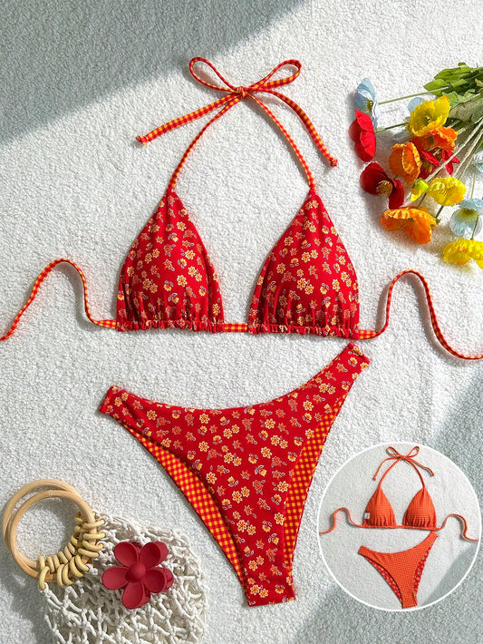 Swim Mod Conjunto de bikini reversible con estampado a cuadros y floral menudo, adecuado para vacaciones de verano