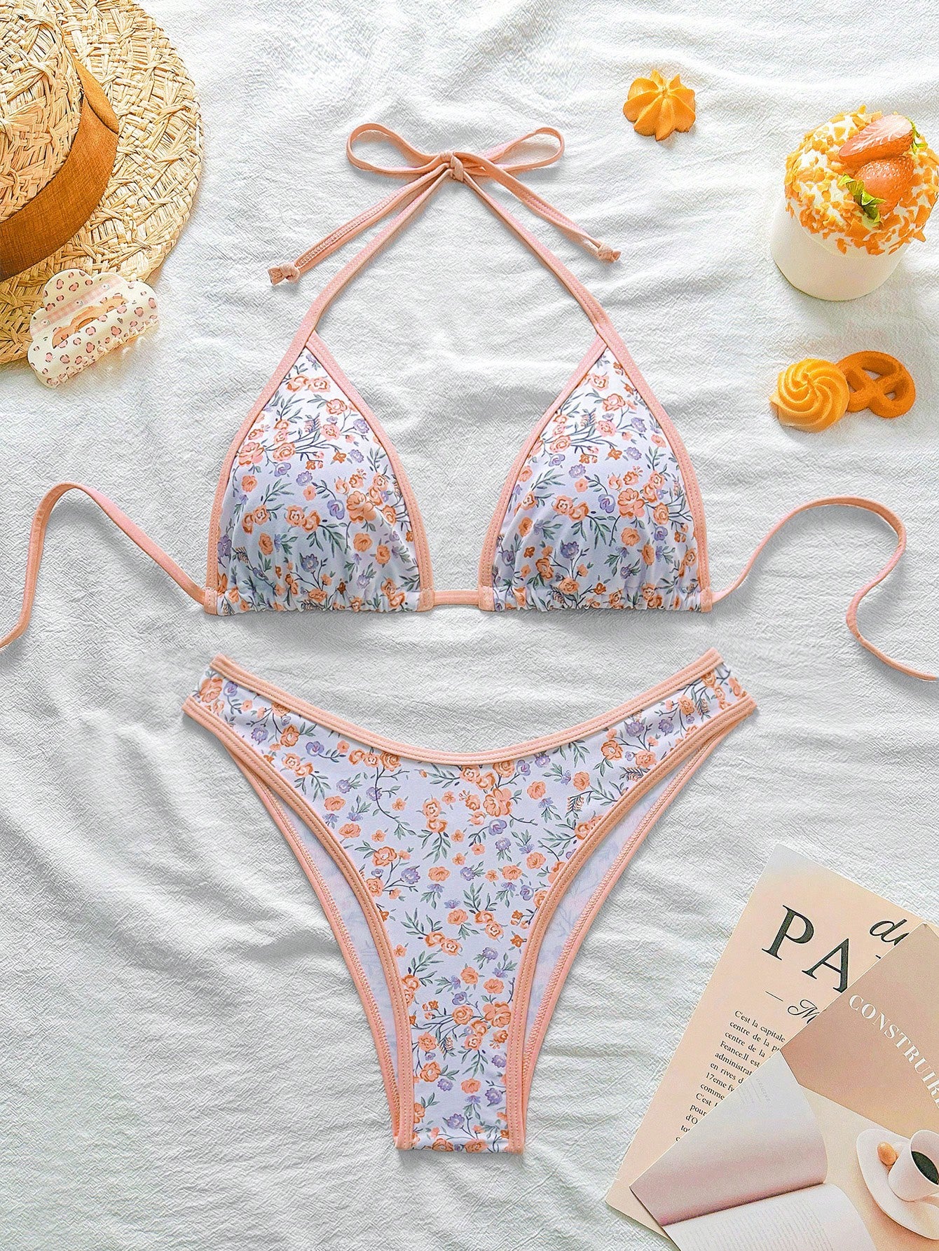 Swim Mod Conjunto de bikini rosa con estampado floral diminuto para mujer
