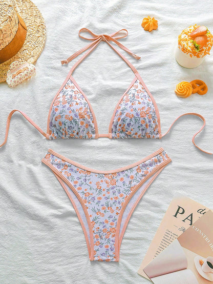 Swim Mod Conjunto de bikini rosa con estampado floral diminuto para mujer