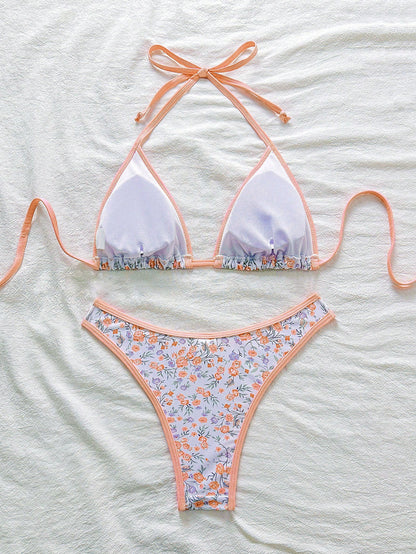 Swim Mod Conjunto de bikini rosa con estampado floral diminuto para mujer