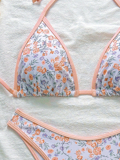 Swim Mod Conjunto de bikini rosa con estampado floral diminuto para mujer