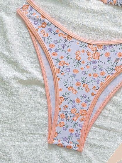 Swim Mod Conjunto de bikini rosa con estampado floral diminuto para mujer