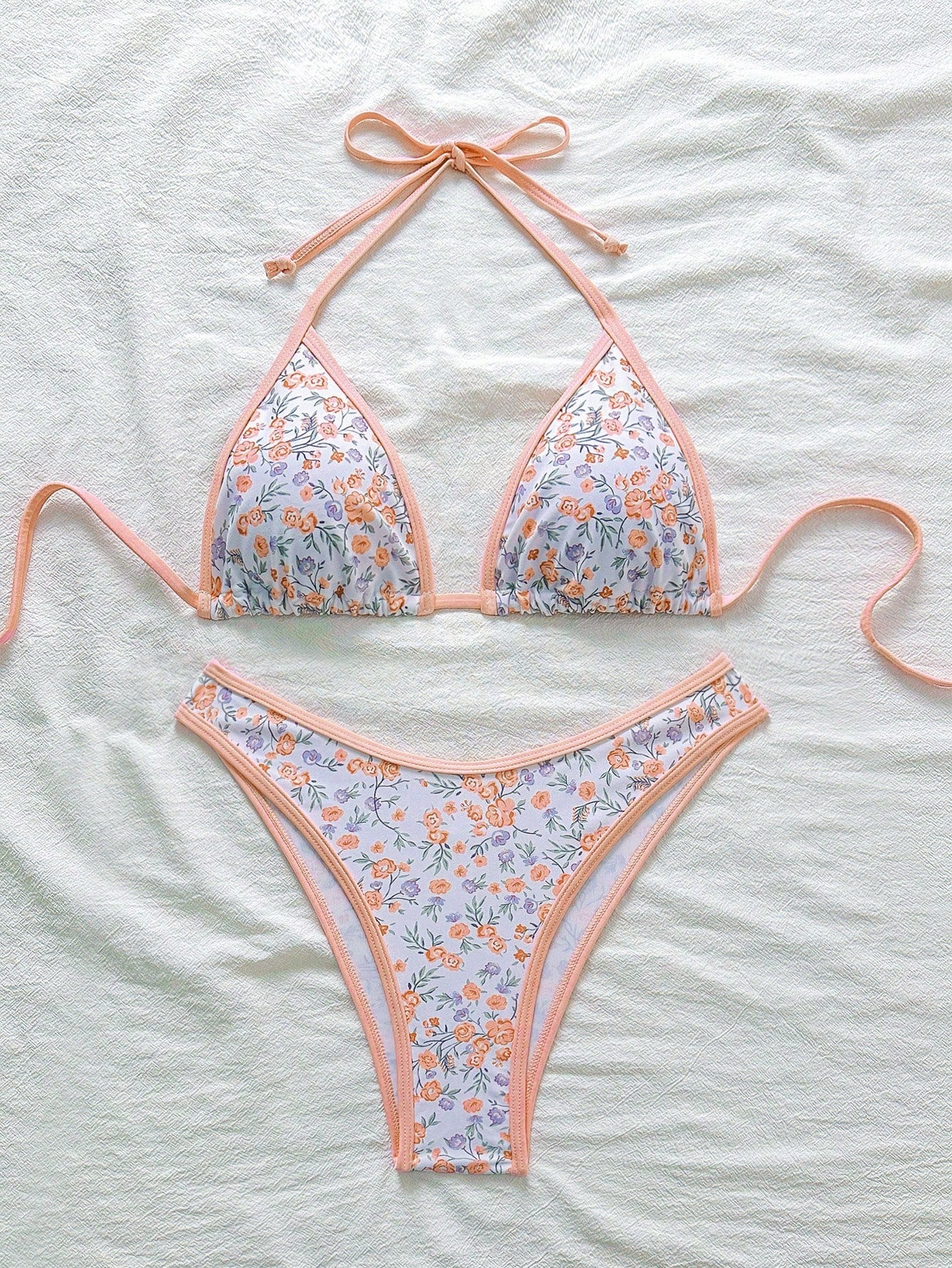 Swim Mod Conjunto de bikini rosa con estampado floral diminuto para mujer