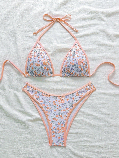 Swim Mod Conjunto de bikini rosa con estampado floral diminuto para mujer