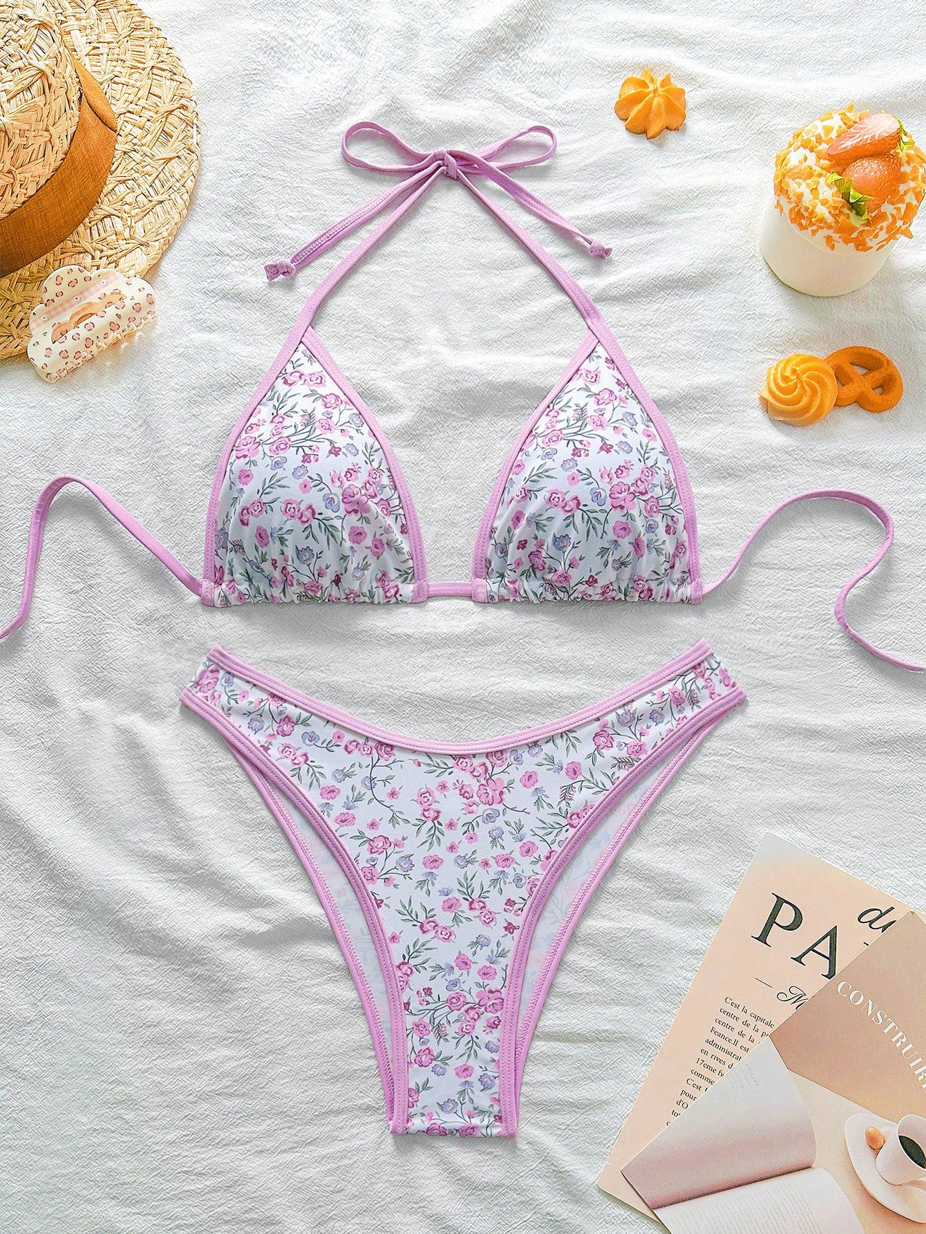 Swim Mod Conjunto de bikini rosa con estampado floral menudo para mujer