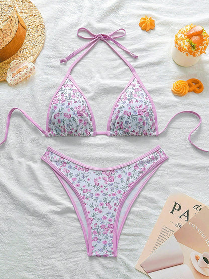 Swim Mod Conjunto de bikini rosa con estampado floral menudo para mujer