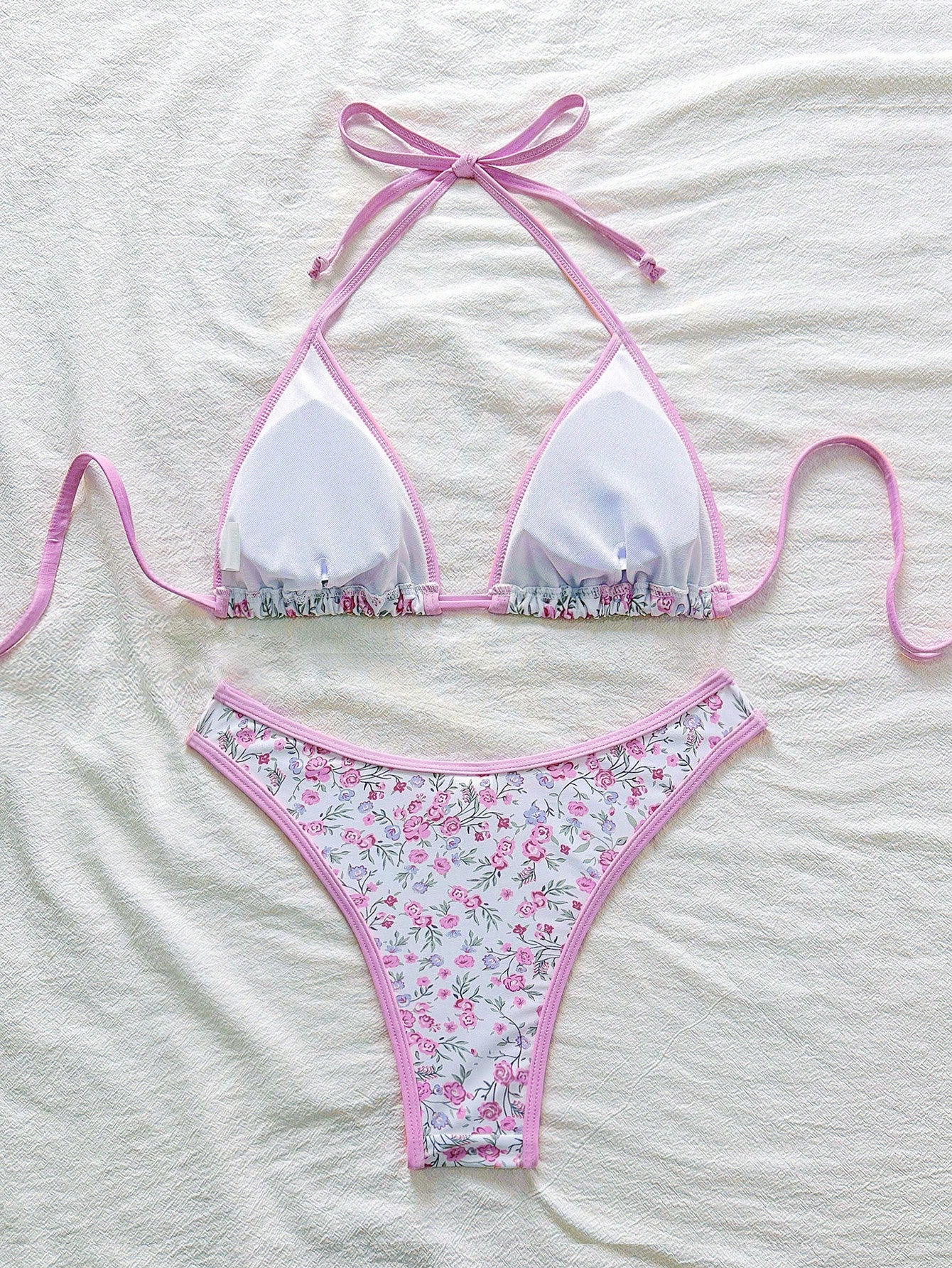 Swim Mod Conjunto de bikini rosa con estampado floral menudo para mujer