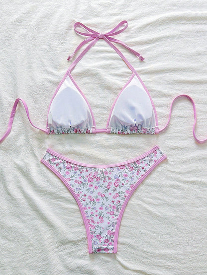 Swim Mod Conjunto de bikini rosa con estampado floral menudo para mujer