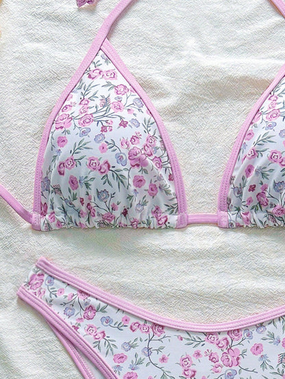 Swim Mod Conjunto de bikini rosa con estampado floral menudo para mujer
