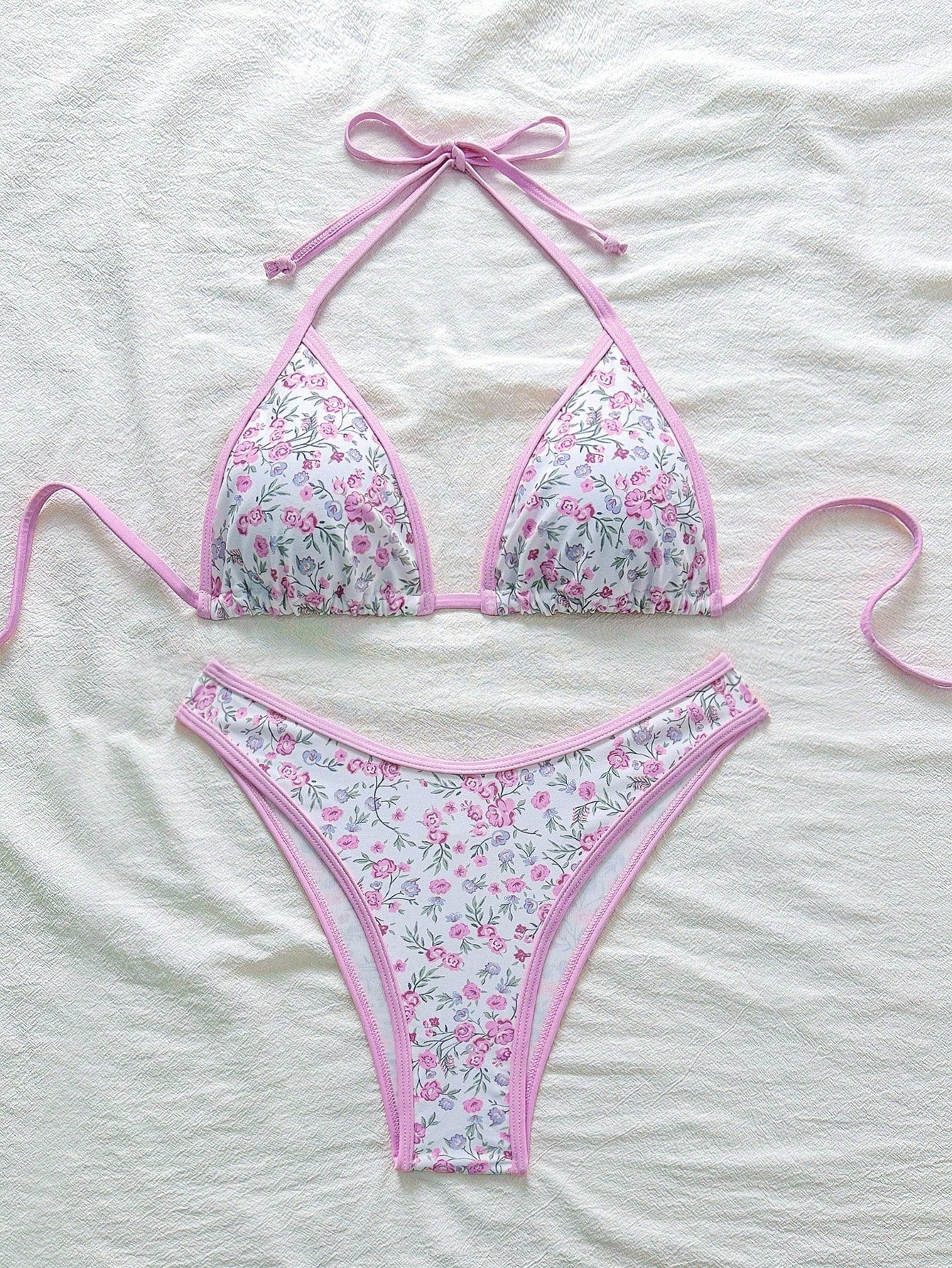 Swim Mod Conjunto de bikini rosa con estampado floral menudo para mujer