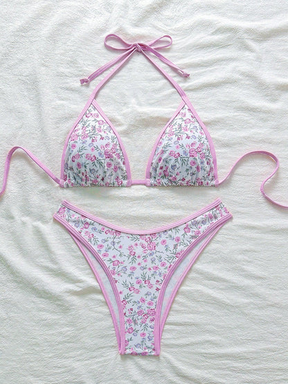 Swim Mod Conjunto de bikini rosa con estampado floral menudo para mujer