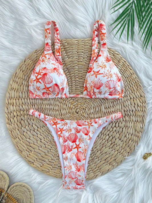 Swim Mod Conjunto de bikini sexy con parte delantera anudada y espalda descubierta con estampado de vida marina texturizada para vacaciones en la playa de mujeres