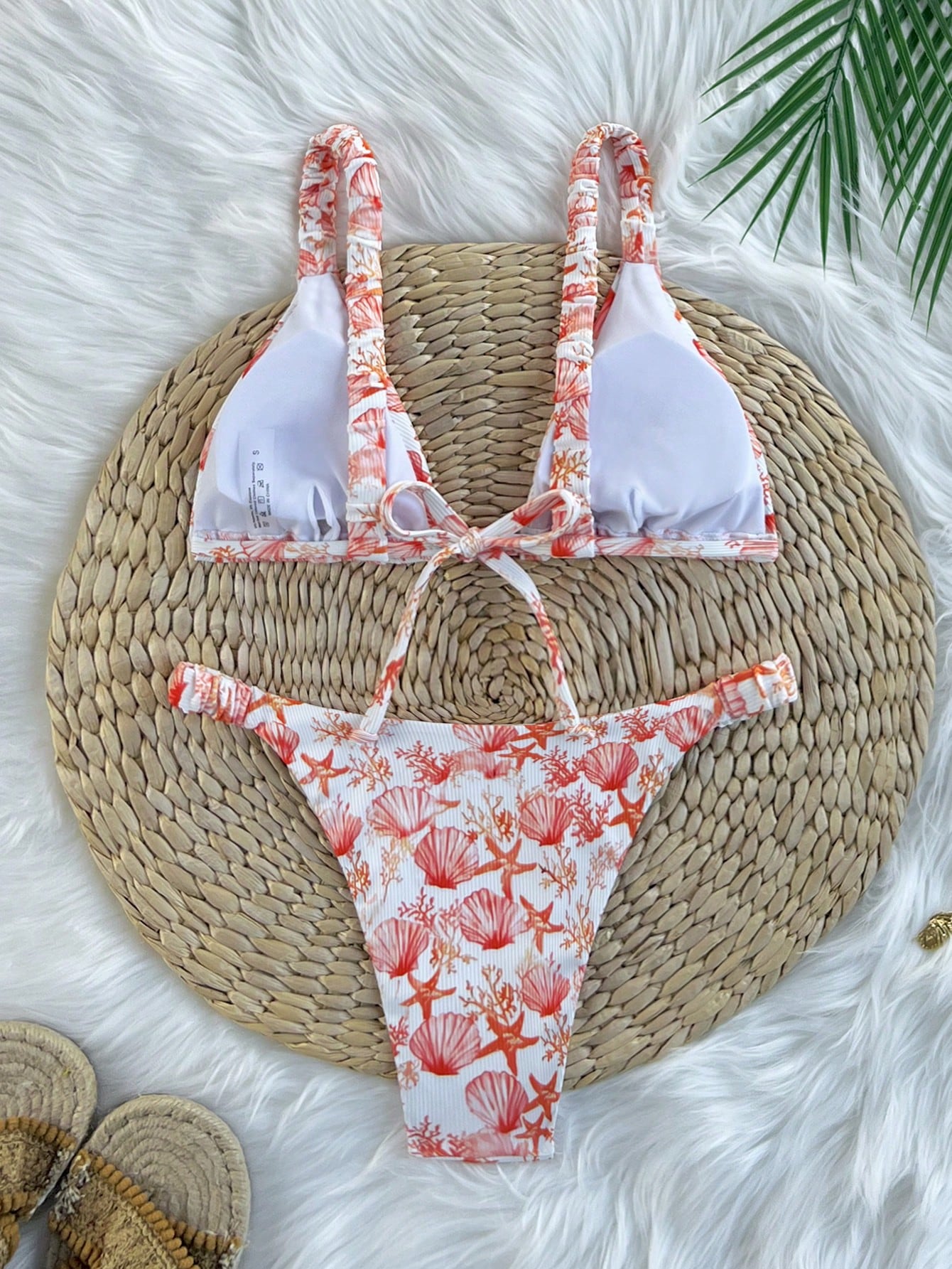 Swim Mod Conjunto de bikini sexy con parte delantera anudada y espalda descubierta con estampado de vida marina texturizada para vacaciones en la playa de mujeres
