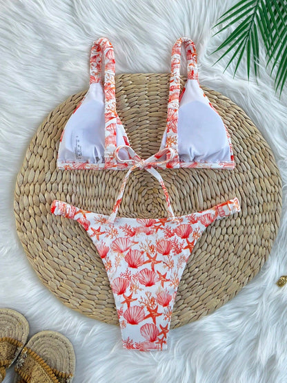 Swim Mod Conjunto de bikini sexy con parte delantera anudada y espalda descubierta con estampado de vida marina texturizada para vacaciones en la playa de mujeres