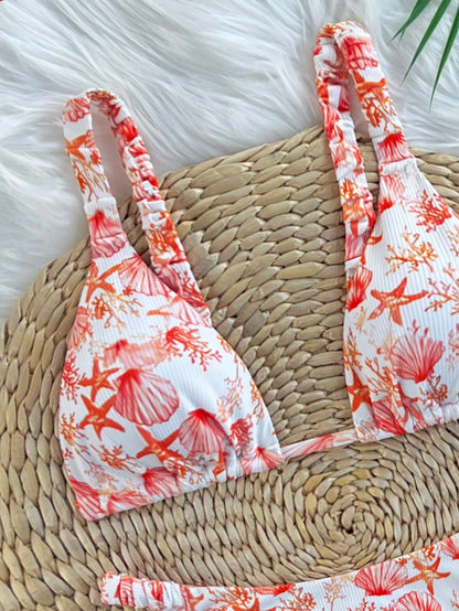 Swim Mod Conjunto de bikini sexy con parte delantera anudada y espalda descubierta con estampado de vida marina texturizada para vacaciones en la playa de mujeres