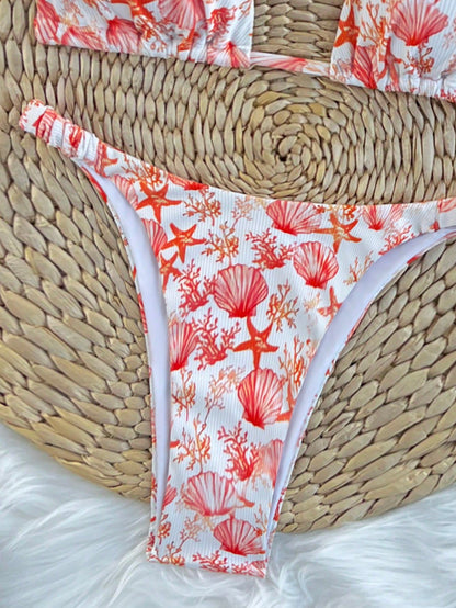 Swim Mod Conjunto de bikini sexy con parte delantera anudada y espalda descubierta con estampado de vida marina texturizada para vacaciones en la playa de mujeres