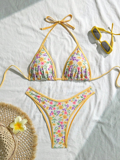 Swim Mod Conjunto de bikini vintage floral rosa pálido para mujer