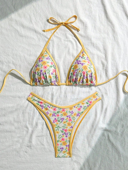 Swim Mod Conjunto de bikini vintage floral rosa pálido para mujer
